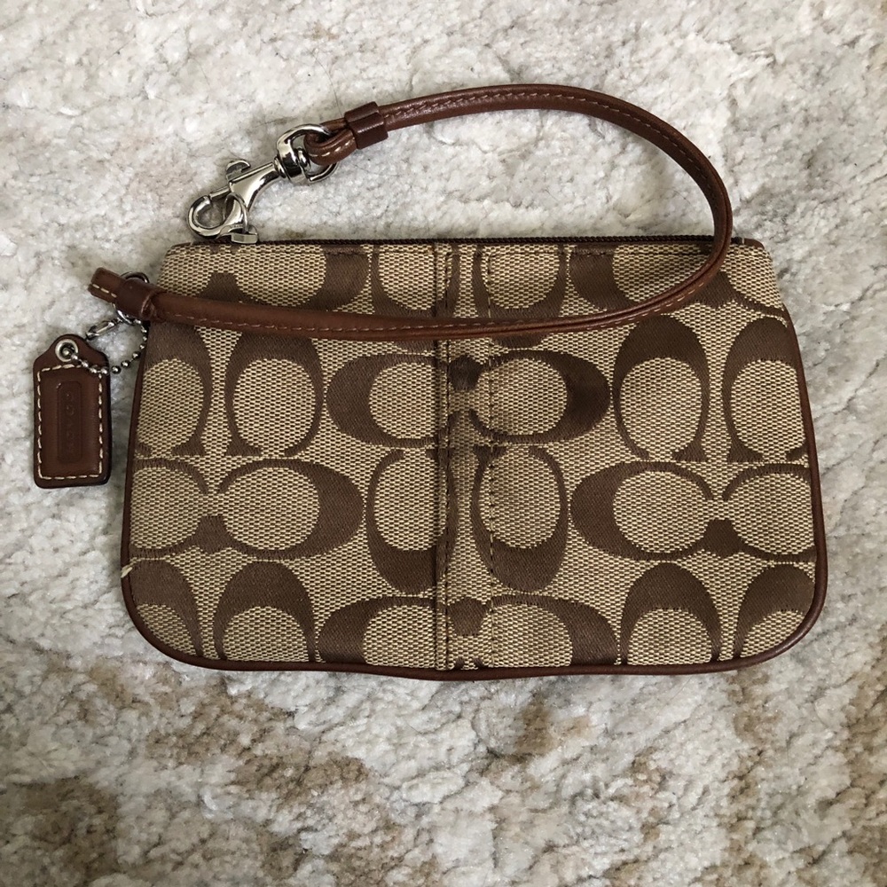 Coach fabric brown and tan wristlet